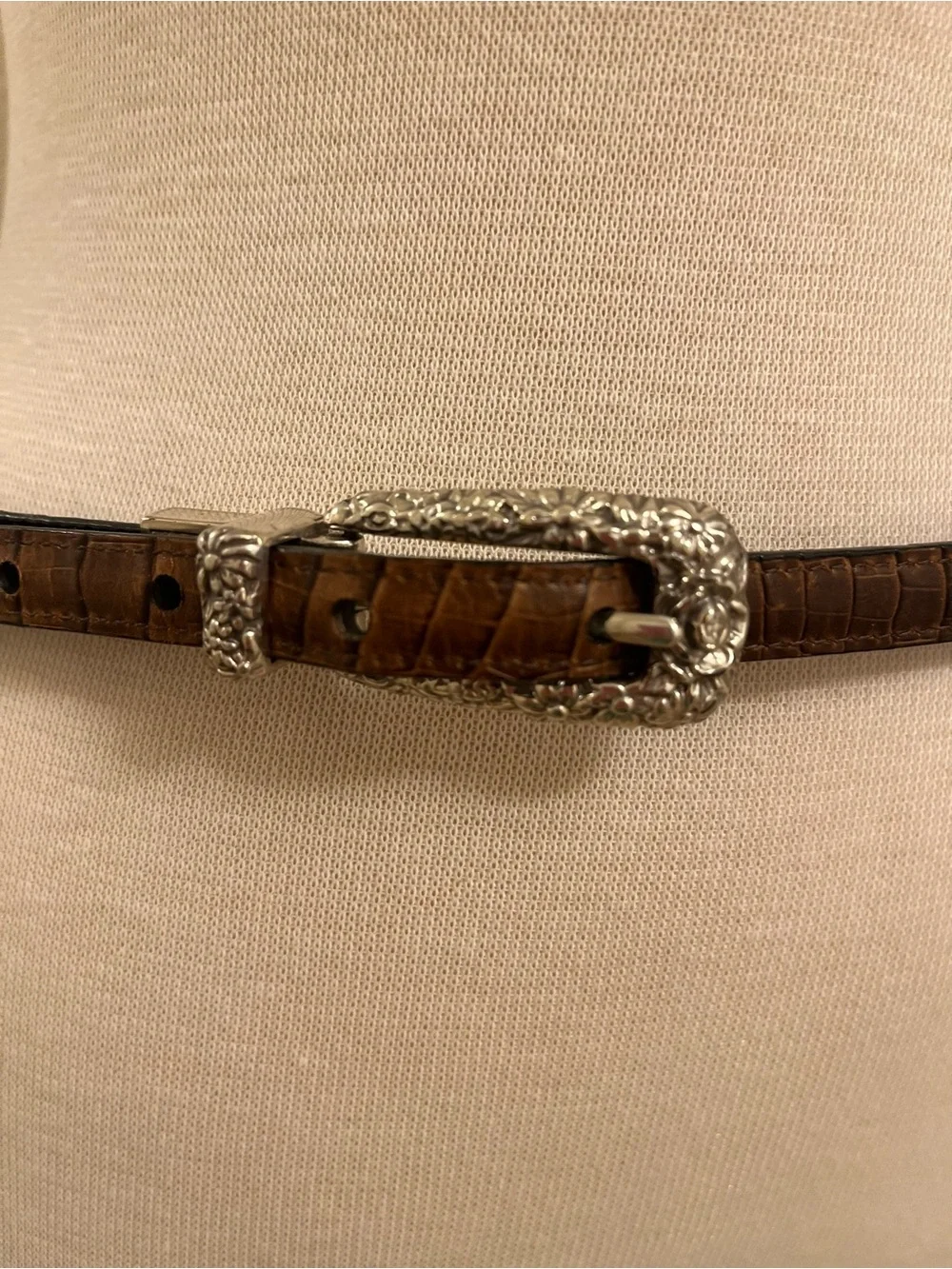 Brighton Skinny Croc-Embossed Belt with Floral Silver Buckle & Hardware